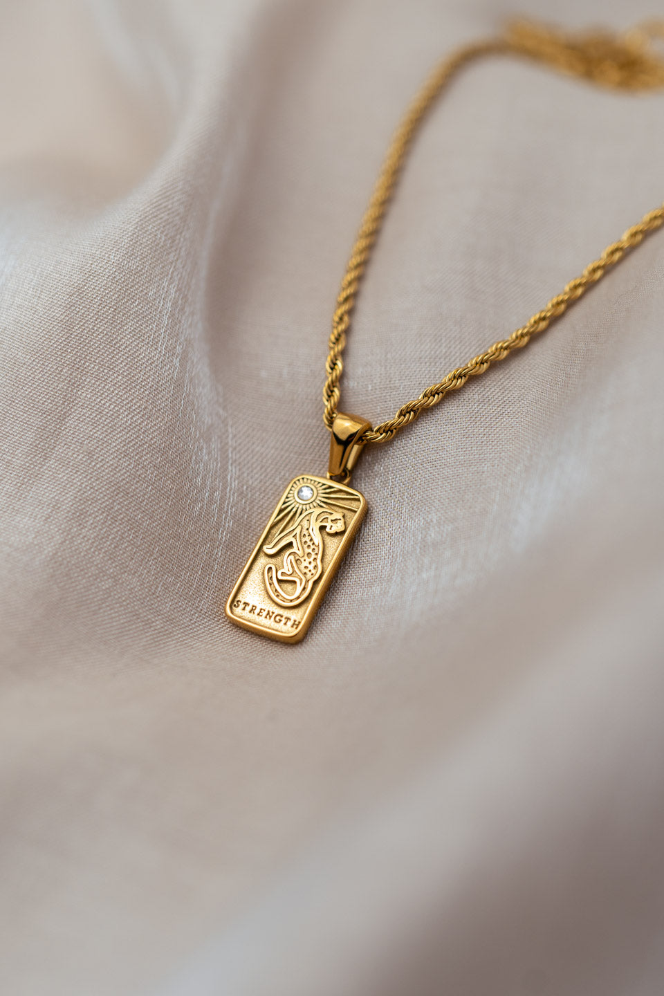 Goldene Kette mit Anhänger, auf dem ein Gepard und das das Wort "Sträke" eingraviert ist